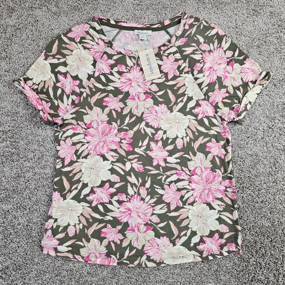 NWT Sundance Floral Tee T-Shirt 100% Cotton Size XS Short Sleeve Raw Hem